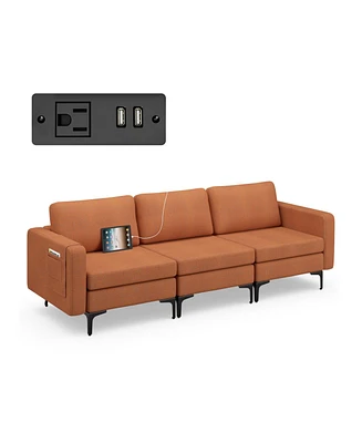 Convertible Leather Sofa Couch with Magazine Pockets 3-Seat with 2 Usb Port
