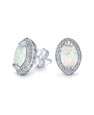 Bling Jewelry Traditional Victorian Style White Oval Created Opal Stud Earrings .925 Sterling Silver Halo