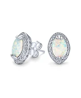 Bling Jewelry Traditional Victorian Style White Oval Created Opal Stud Earrings .925 Sterling Silver Halo