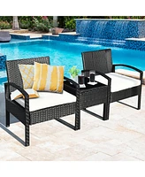 Gymax 3 Piece Patio Rattan Furniture Set Conversation Sofa w/ Cushions
