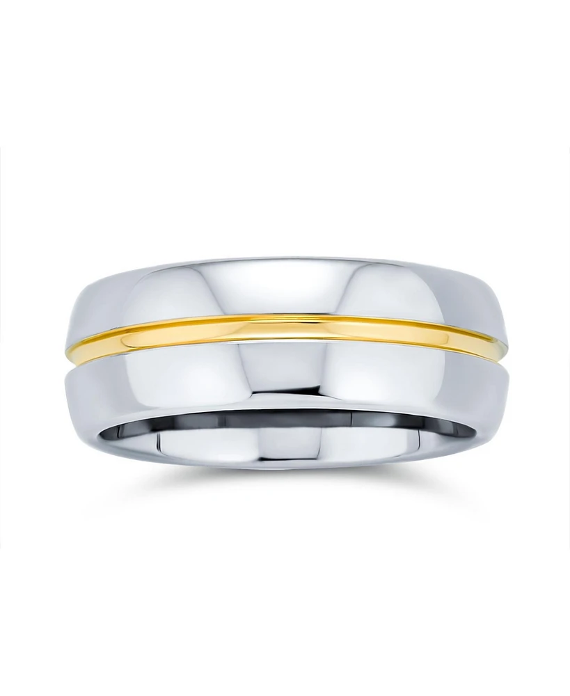 Bling Jewelry Two Tone Golden Center Stripe Couples Titanium Band Gold Plated Ring Silver