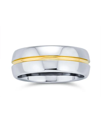 Bling Jewelry Two Tone Golden Center Stripe Couples Titanium Band Gold Plated Ring Silver
