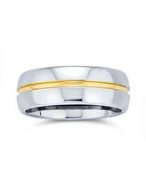 Bling Jewelry Two Tone Golden Center Stripe Couples Titanium Band Gold Plated Ring Silver Tone