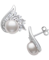 Belle de Mer Cultured Freshwater Pearl (8-9mm) & Lab Created White Sapphire (2 ct. t.w.) Mixed Cut Swirl Stud Earrings in Sterling Silver