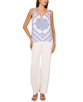 Vince Camuto Women's Linen-Blend V-Neck Printed Sleeveless Top