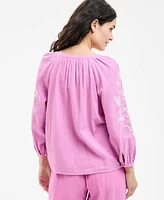 Style & Co Women's Cotton Gauze 3/4-Sleeve Embroidered Top, Exclusively at Macy's