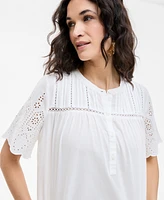 Style & Co Petite Cotton Embroidered Pleated-Yoke Short-Sleeve Top, Exclusively at Macy's