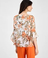 Kasper Women's Floral Boat-Neck Ruffle-Sleeve Blouse, Regular & Petite Sizes