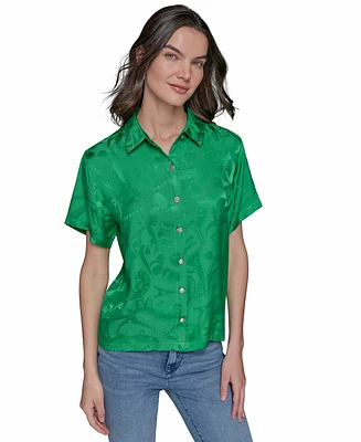 Karl Lagerfeld Paris Women's Short Sleeve Jacquard Button Front Top