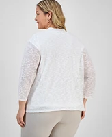 Kasper Plus Collarless Open-Front Cardigan Sweater