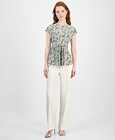 Kasper Women's Leaf-Print Tie-Waist Cap-Sleeve Top