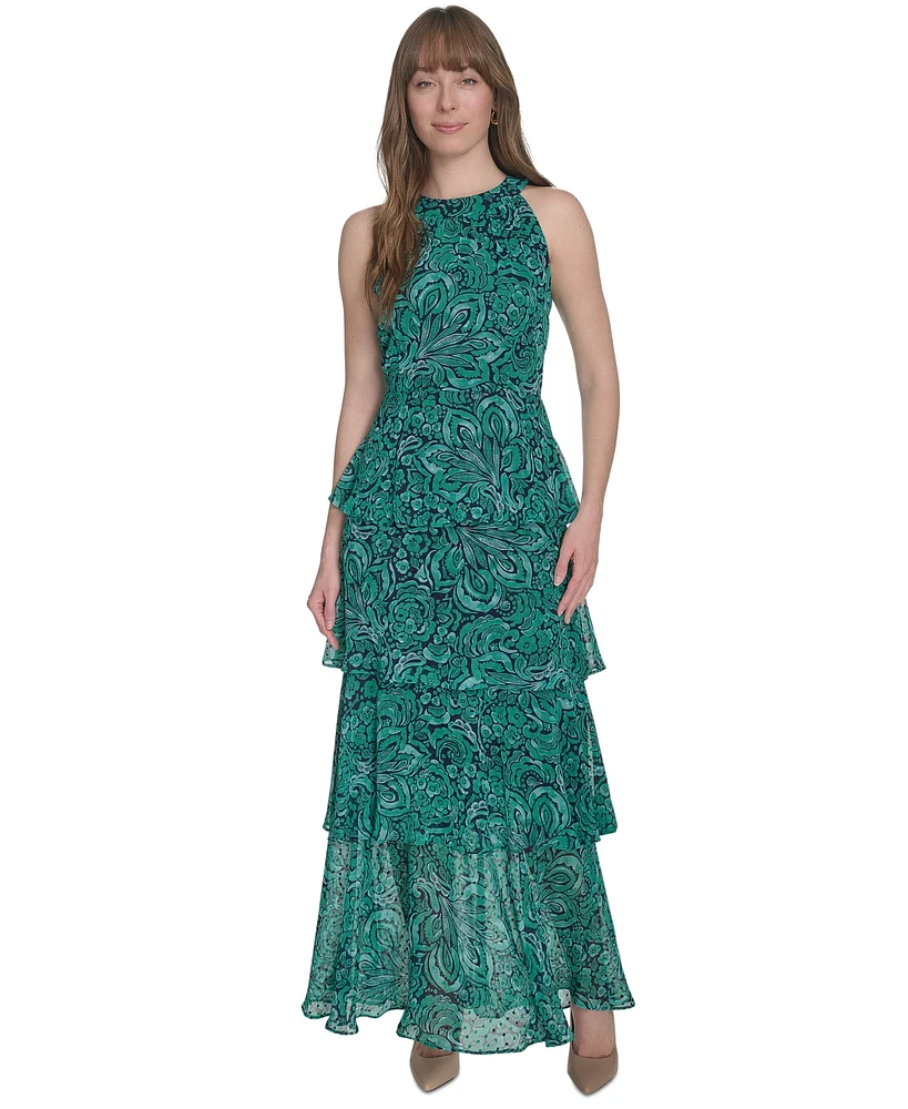Tommy Hilfiger Women's Floral-Print Halter-Neck Tiered Sleeveless Dress