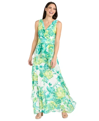 R & M Richards Petite Printed Ruffle-Trim-Overlay Dress