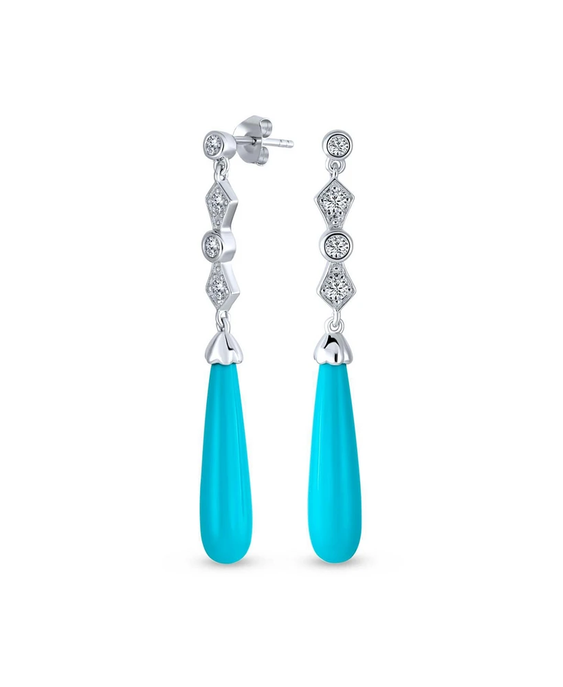 Bling Jewelry Elegant Long Linear Cubic Zirconia Cz Blue Stabilized Turquoise Elongated Teardrop Chandelier Earrings Western Jewelry .925 Sterling Sil