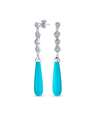 Bling Jewelry Elegant Long Linear Cubic Zirconia Cz Blue Stabilized Turquoise Elongated Teardrop Chandelier Earrings Western Jewelry .925 Sterling Sil