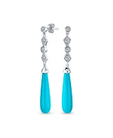 Bling Jewelry Elegant Long Linear Cubic Zirconia Cz Blue Stabilized Turquoise Elongated Teardrop Chandelier Earrings Western Jewelry .925 Sterling Sil