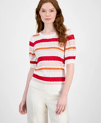 T Tahari Women's Pointelle Striped Crewneck Sweater