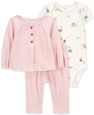 Carter's Baby Girls Cardigan, Barn-Print Bodysuit & Pants, 3 Piece Set