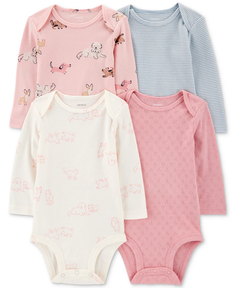 Carter's Baby Girls Cotton Puppy Long-Sleeve Bodysuits, 4 Pack