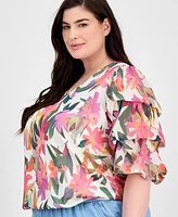Vince Camuto Plus Printed V-Neck Bubble Blouse
