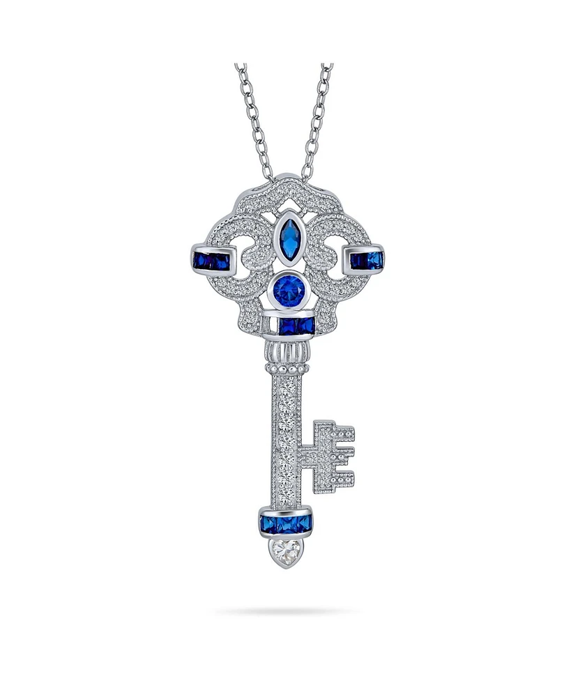 Bling Jewelry Blue Simulated Sapphire Cz Key Pendant Necklace in Sterling Silver