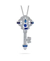 Bling Jewelry Blue Simulated Sapphire Cz Key Pendant Necklace in Sterling Silver
