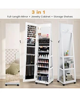 64 Inches Lockable Jewelry Cabinet Armoire with Built-in Makeup Mirror