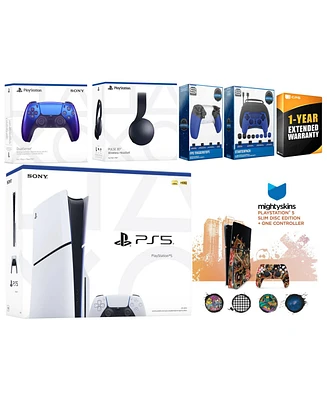 Sony Playstation 5 Slim Disc with Black Pulse Headset, Extra Volcanic Red Controller, Gamer Kit, Trigger Kit and MightySkins Decal Voucher + 1 Year Cp