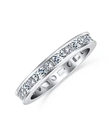 Bling Jewelry Minimalist Thin Pave Round Baguette Stackable Eternity Band Ring .925 Sterling Silver 2MM