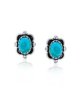 Bling Jewelry Boho Western Style Small Rectangle Oval Blue Lapis Turquoise Stud Earrings Oxidized .925 Sterling Silver