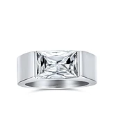 Bling Jewelry Simple Geometric 4CTW Rectangular Cubic Zirconia Emerald Cut Cz Statement Promise Ring Silver Tone Stainless Steel