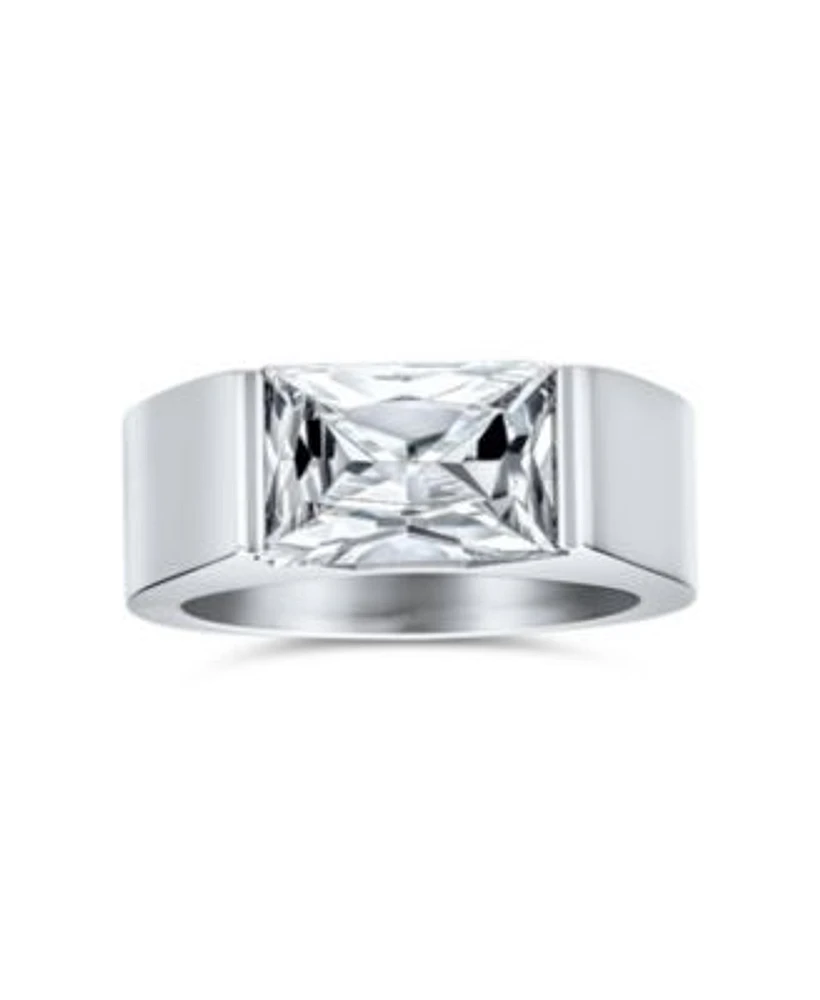Bling Jewelry Simple Geometric 4ctw Rectangular Simulated Blue Sapphire Or Clear Cubic Zirconia Emerald Cut Cz Statement Promise Ring Silver Tone Stainless Steel