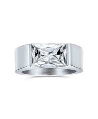 Bling Jewelry Simple Geometric 4ctw Rectangular Simulated Blue Sapphire Or Clear Cubic Zirconia Emerald Cut Cz Statement Promise Ring Silver Tone Stainless Steel