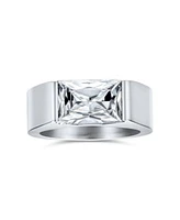 Bling Jewelry Simple Geometric 4ctw Rectangular Simulated Blue Sapphire Or Clear Cubic Zirconia Emerald Cut Cz Statement Promise Ring Silver Tone Stainless Steel