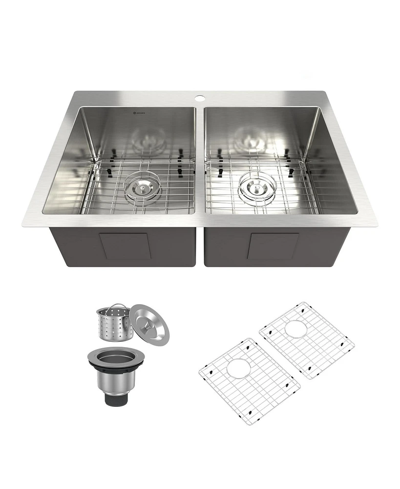 33 Inch Stainless Steel Brushed Kitchen Manual Sink With Double Grooves On The Counter