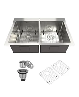 33 Inch Stainless Steel Brushed Kitchen Manual Sink With Double Grooves On The Counter