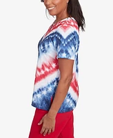 Alfred Dunner Women's Land of The Free Tie Dye American Chevron Keyhole Neck T-Shirt