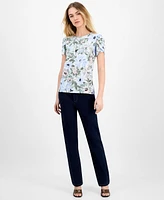 Ak Anne Klein Women's Printed Crewneck Tulip-Sleeve T-Shirt