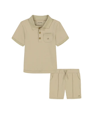 Calvin Klein Baby Boys 2-Piece Solid Interlock Polo Shirt and Drawstring Shorts Set