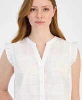 Tommy Hilfiger Women's Cotton Tonal-Plaid Ruffled-Sleeve Shirt