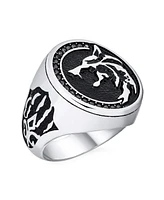 Bling Jewelry Hunter Animal Norse Viking Warrior Signet Fierce Roaring Big Wolf Head Coin Ring or Pendant Oxidized Stainless Steel