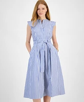 Tommy Hilfiger Women's Cotton Striped Ruffled Midi Dress