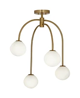 Clara 26" Mid Century Modern 4-Light Semi Flush-Mount Ceiling Light Fixture Kitchen Foyer Hallway Warm Brass Finish White Glass Bedroom Bathroom