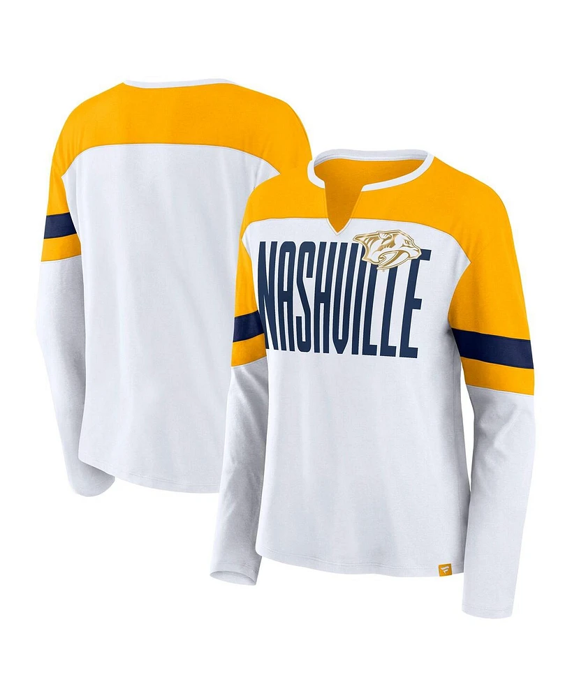 Fanatics Women's White/Gold Nashville Predators Frozen Long Sleeve Notch Neck T-Shirt