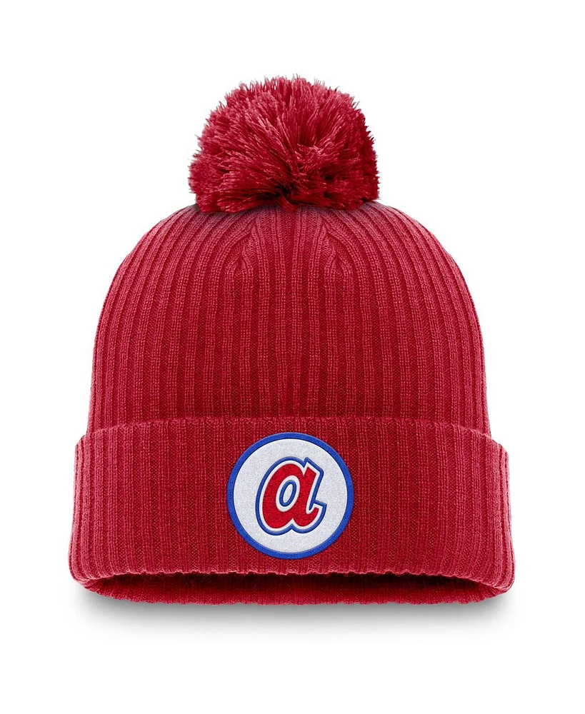 Nike Men's Red Atlanta Braves Cooperstown Collection Patch Cuffed with Pom Knit Hat