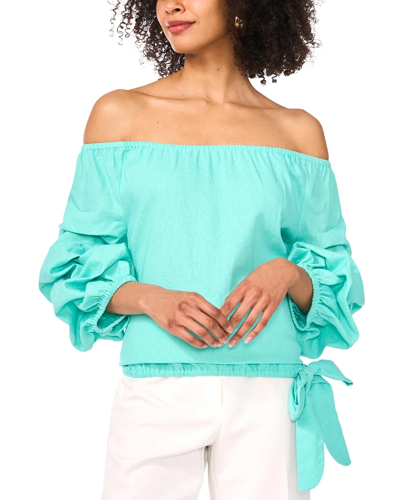 Vince Camuto Women's Linen-Blend Off The Shoulder Bubble Sleeve Tie Front Blouse