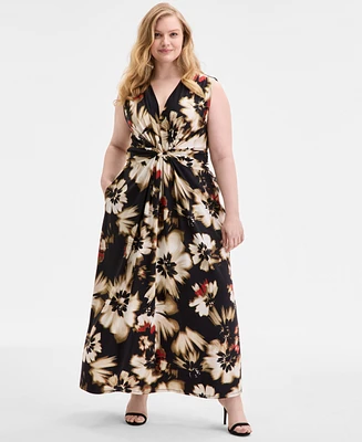 Anne Klein Plus Printed Twist-Front Maxi Dress