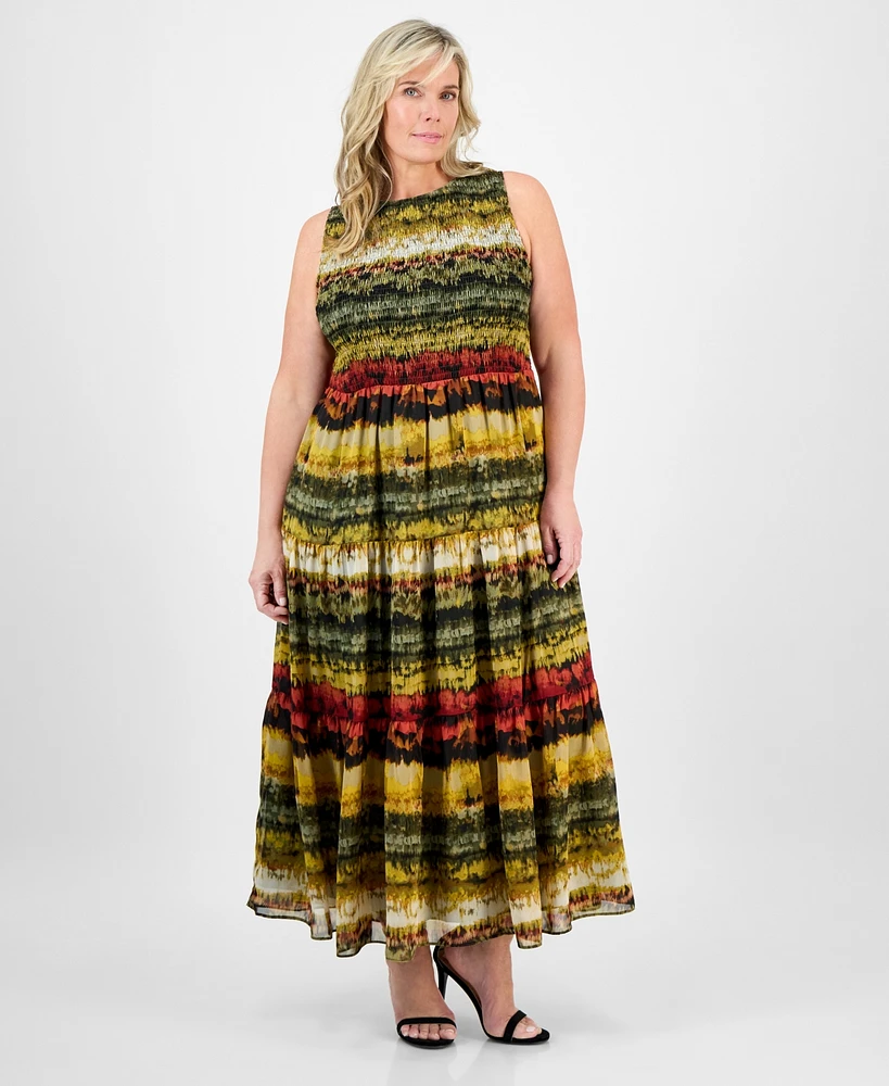 Anne Klein Plus Printed Smocked-Bodice Tiered Dress