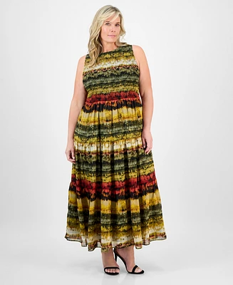 Anne Klein Plus Printed Smocked-Bodice Tiered Dress