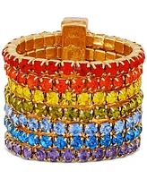 Guess Gold-Tone Rainbow Rhinestone Multi-Row Stretch Ring